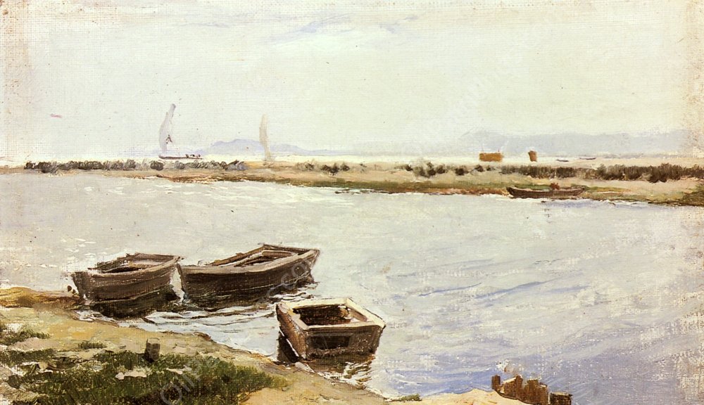 Three Boats by a Shore by Joaquin Sorolla y Bastida - Hand-Painted Oil Painting Reproduction