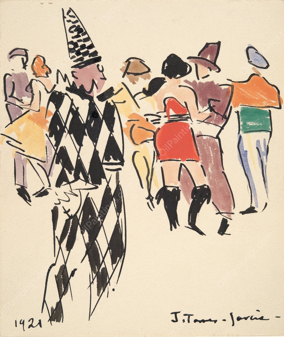 Artists' Ball; Harlequin and Dancers  by Joaquin Torres-Garcia - Hand-Painted Oil Painting Reproduction