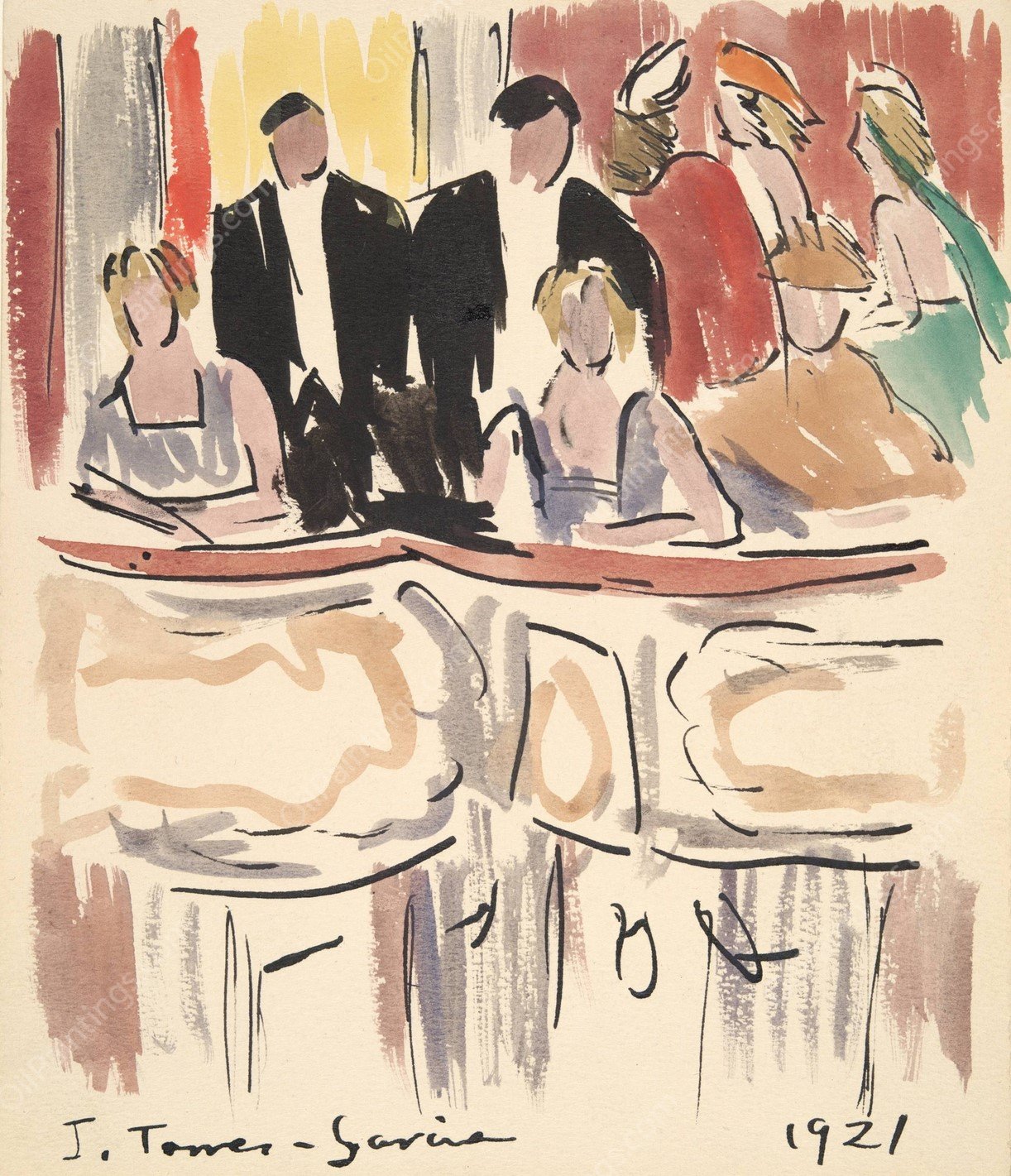 Artists' Ball; Spectators in Theater Boxes  by Joaquin Torres-Garcia - Hand-Painted Oil Painting Reproduction