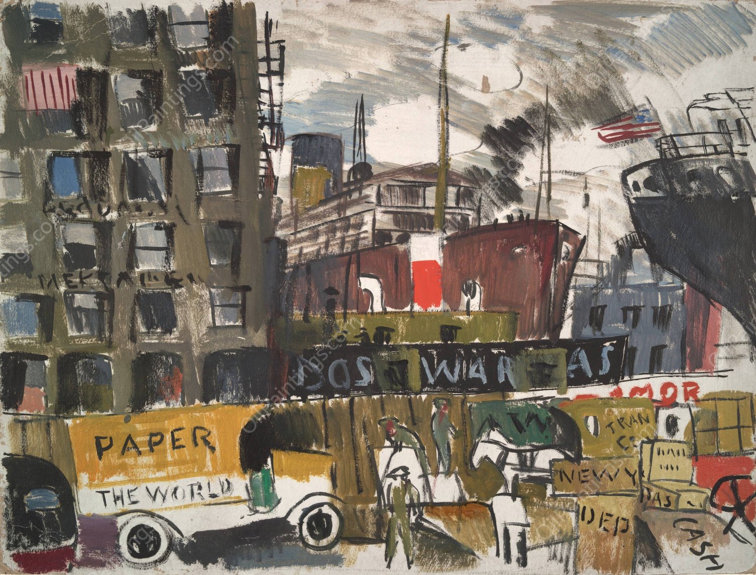 New York Docks  by Joaquin Torres-Garcia - Hand-Painted Oil Painting Reproduction