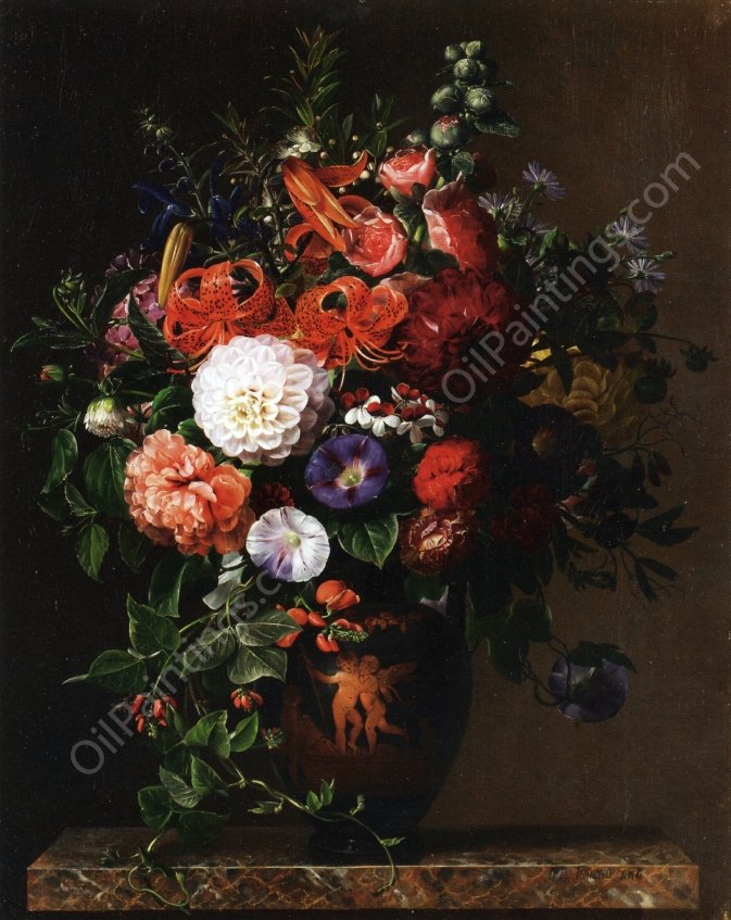 Lilies, Peonies, Violets and Roses in a Greek Figure Vase on a Marble Pedestal by Johan Laurentz Jensen - Hand-Painted Oil Painting Reproduction
