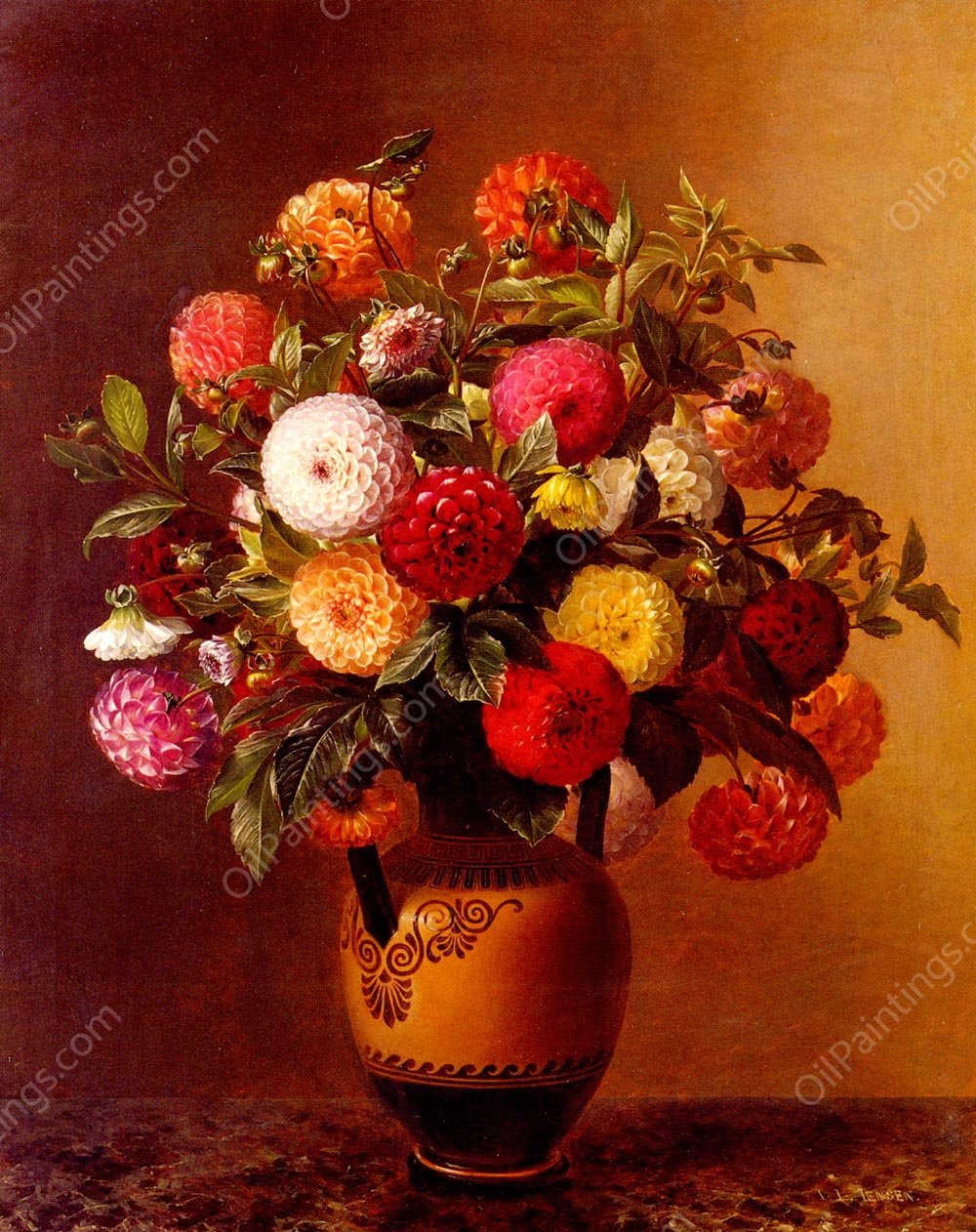 Still Life of Dahlias in a Vase by Johan Laurentz Jensen - Hand-Painted Oil Painting Reproduction