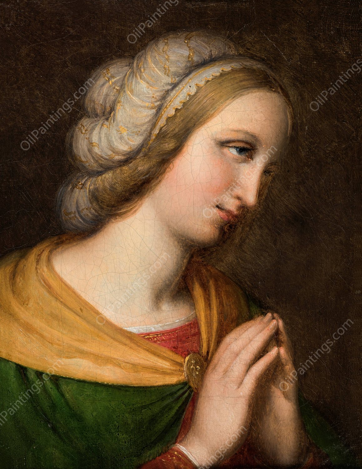 Head and shoulders portrait of a praying woman. Copy of a painting by Perugino by Johan Ludvig Lund - Hand-Painted Oil Painting Reproduction