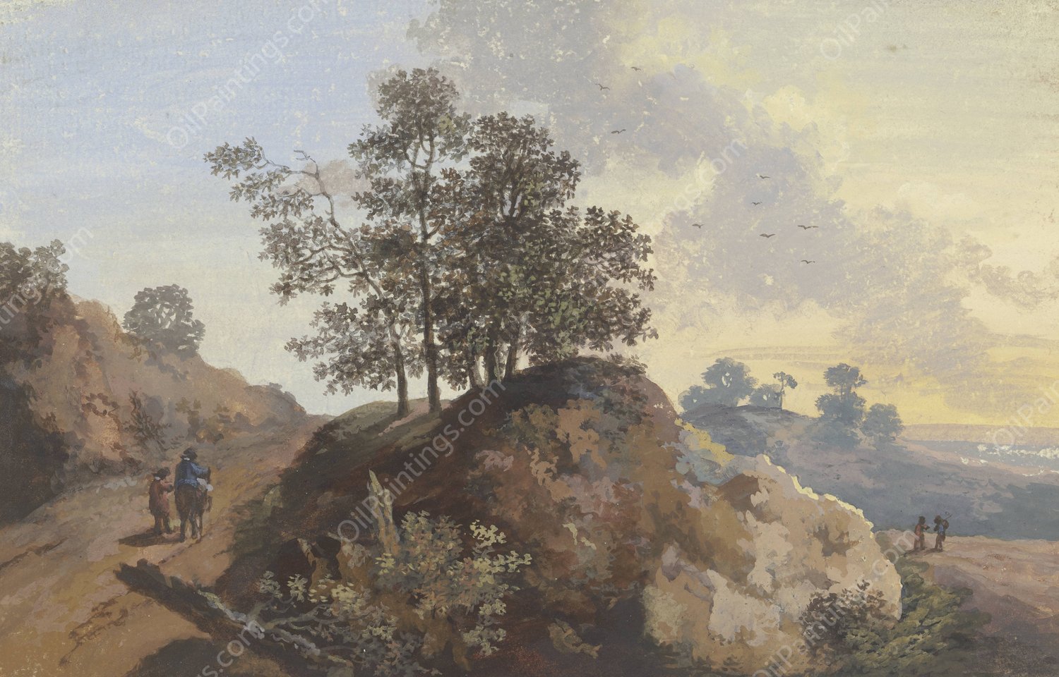 Baumpartie mit Felsen zwischen zwei Wegen, links zwei Manner, einer beritten, rechts zwei Figuren und Blick in die Ferne by Johann Alexander Thiele - Hand-Painted Oil Painting Reproduction