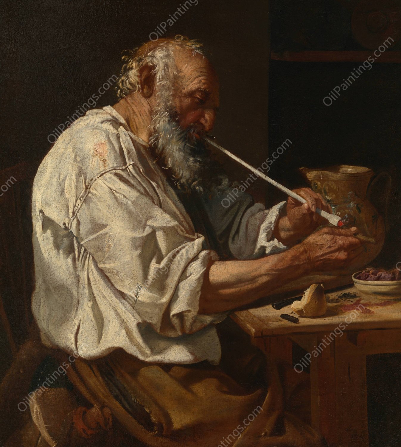 Old Peasant Lighting a Pipe  by Johann Carl Loth - Hand-Painted Oil Painting Reproduction