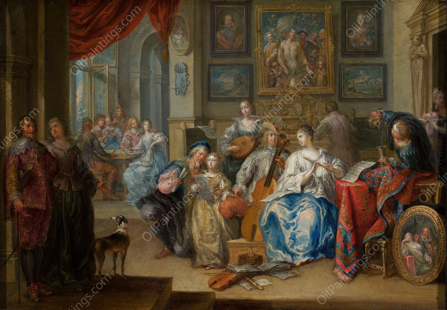 Interior with a concert and card players by Johann Georg Platzer - Hand-Painted Oil Painting Reproduction