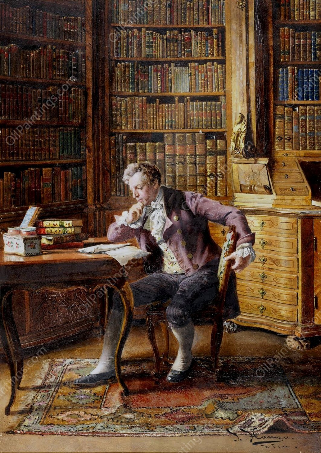 The Library by Johann Hamza - Hand-Painted Oil Painting Reproduction