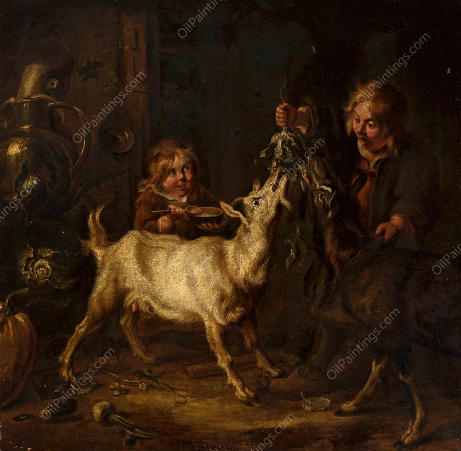 Children feeding goats by Johann Heinrich Roos - Hand-Painted Oil Painting Reproduction