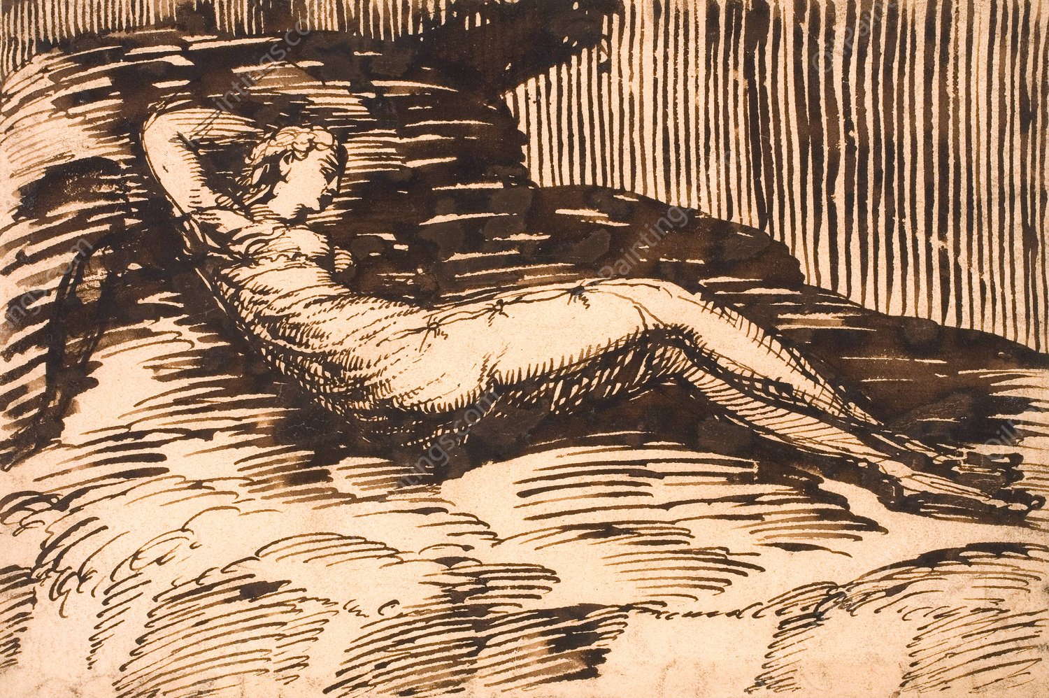 Liggende ged og tre far naer obelisk med buste af romersk kejser  by Johann Heinrich Roos - Hand-Painted Oil Painting Reproduction