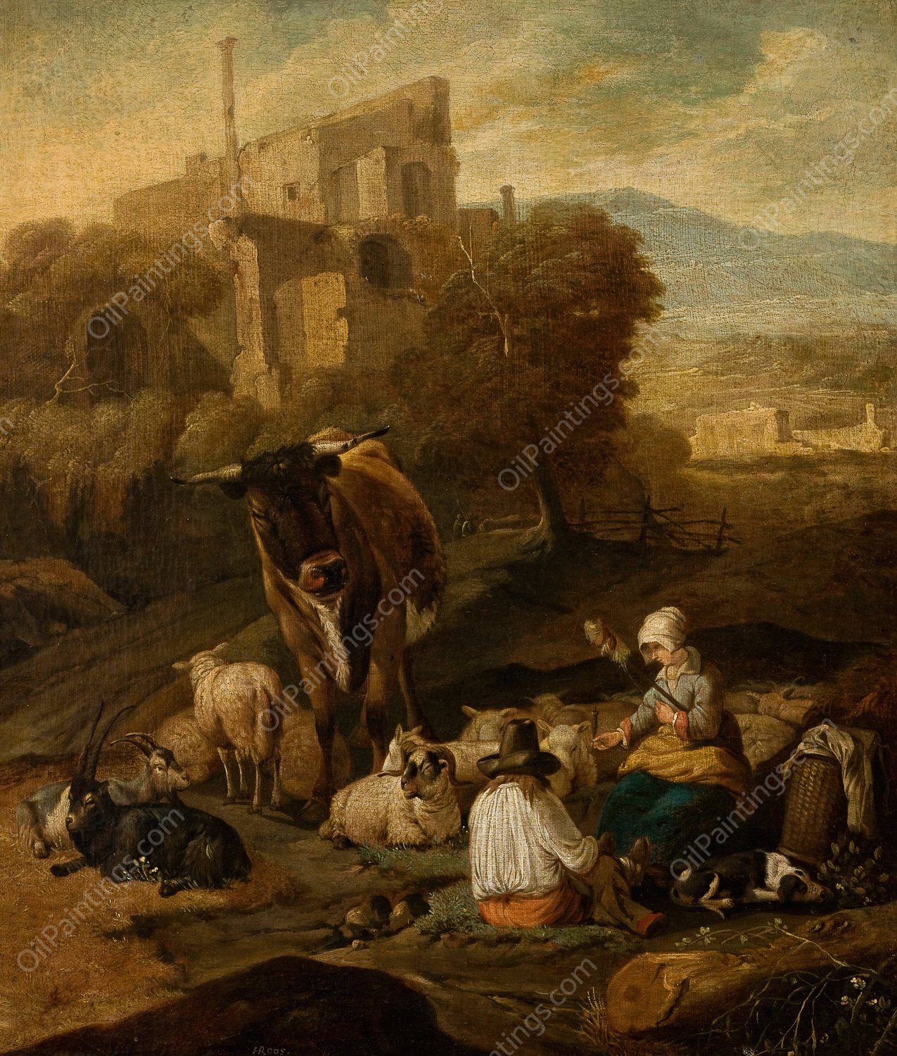 Pastoral Scene Against Ruins  by Johann Heinrich Roos - Hand-Painted Oil Painting Reproduction