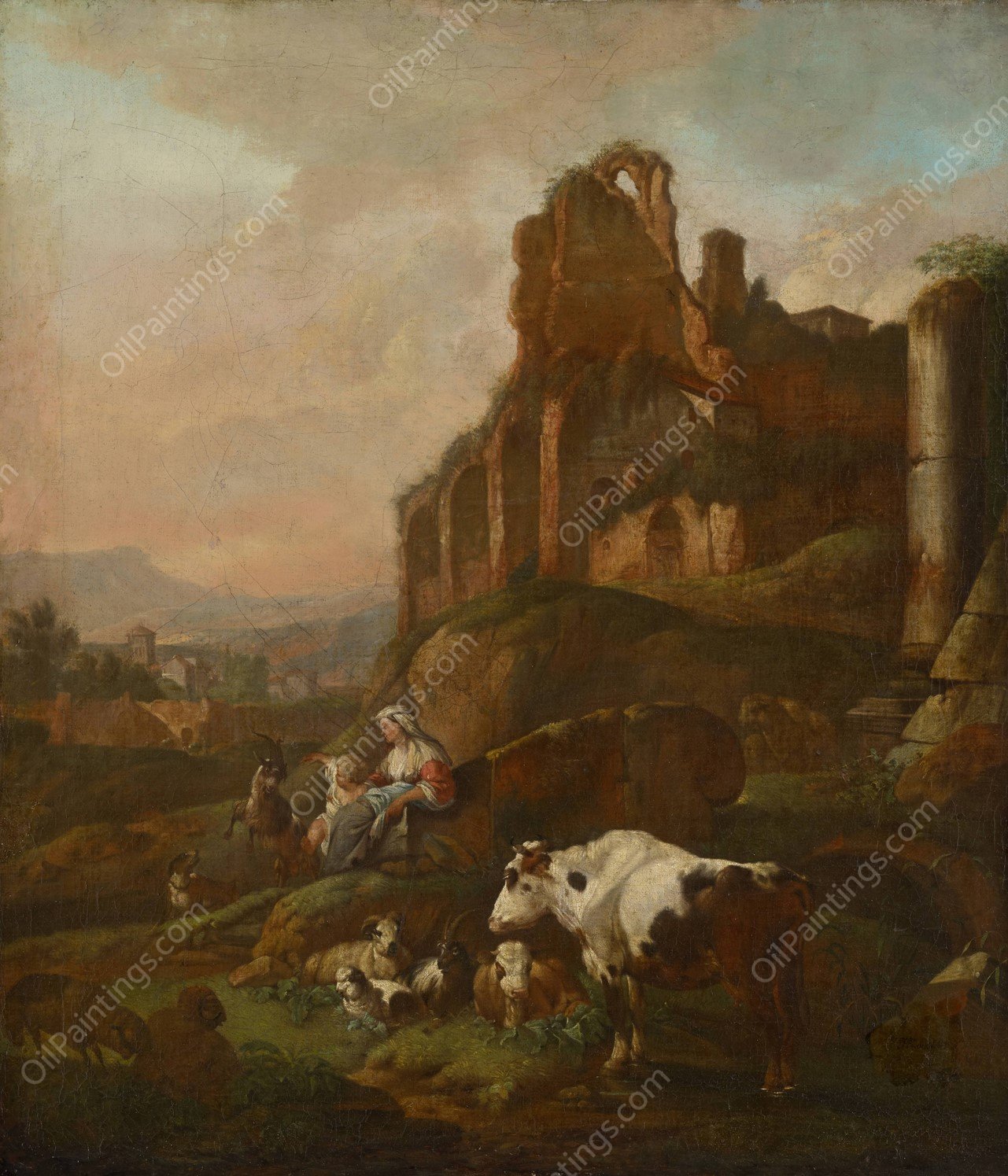 Shepherdess and Flock in front of Antique Ruins  by Johann Heinrich Roos - Hand-Painted Oil Painting Reproduction