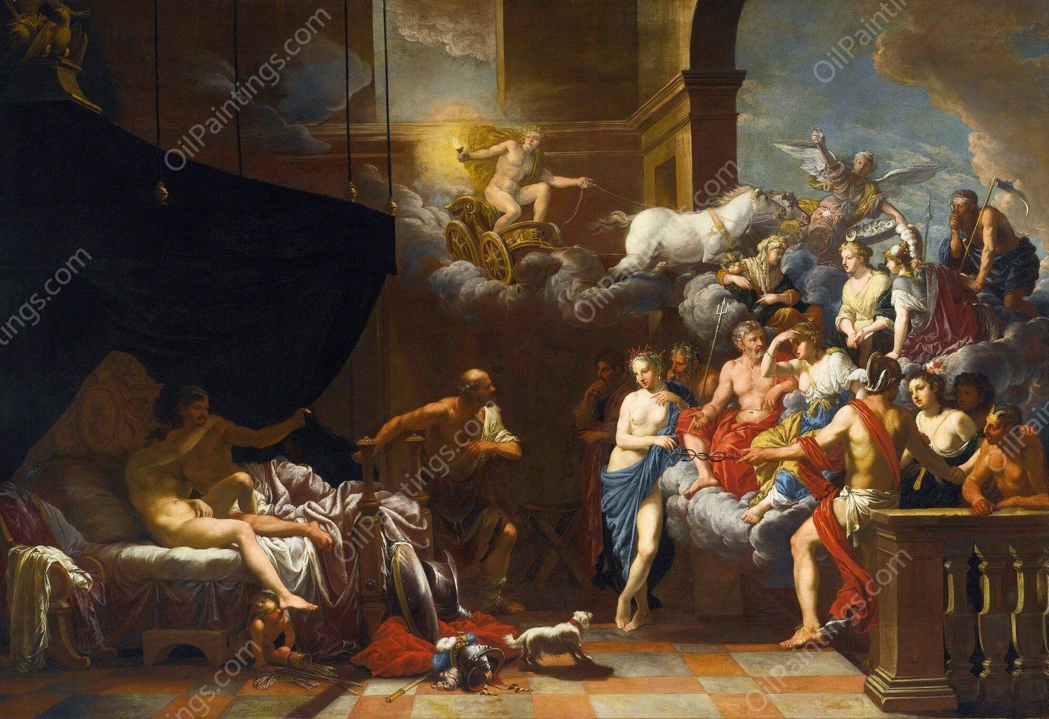 Vulcan Surprising Venus and Mars in Bed Before An Assembly of The Gods  by Johann Heiss - Hand-Painted Oil Painting Reproduction