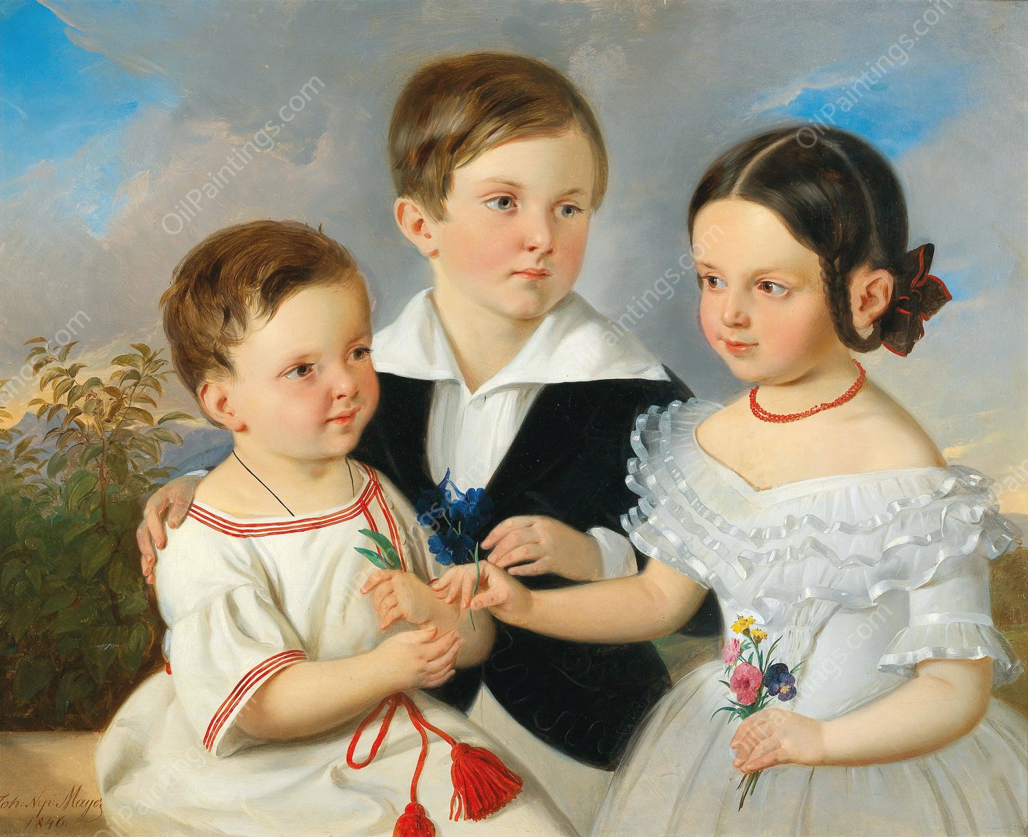 Three Siblings by Johann Nepomuk Mayer - Hand-Painted Oil Painting Reproduction