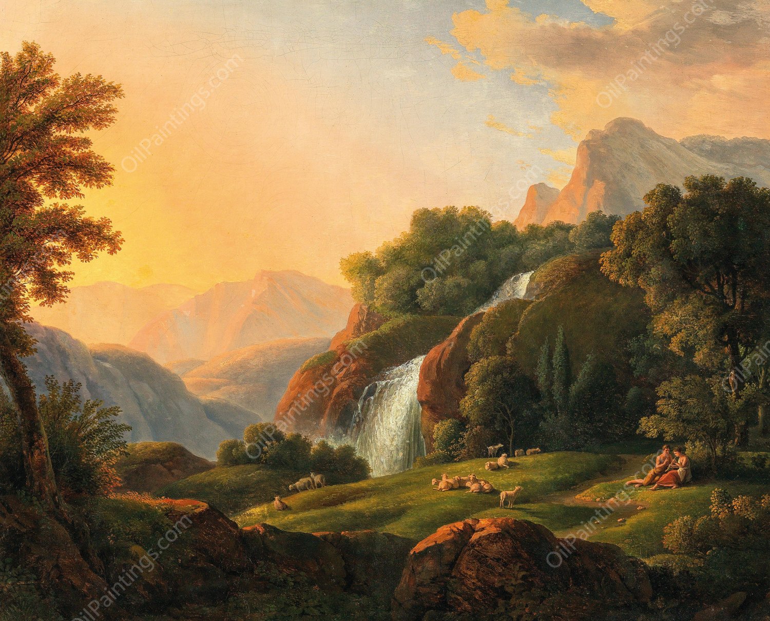 Landschaft mit Wasserfall und Hirten  by Johann Nepomuk Schodlberger - Hand-Painted Oil Painting Reproduction