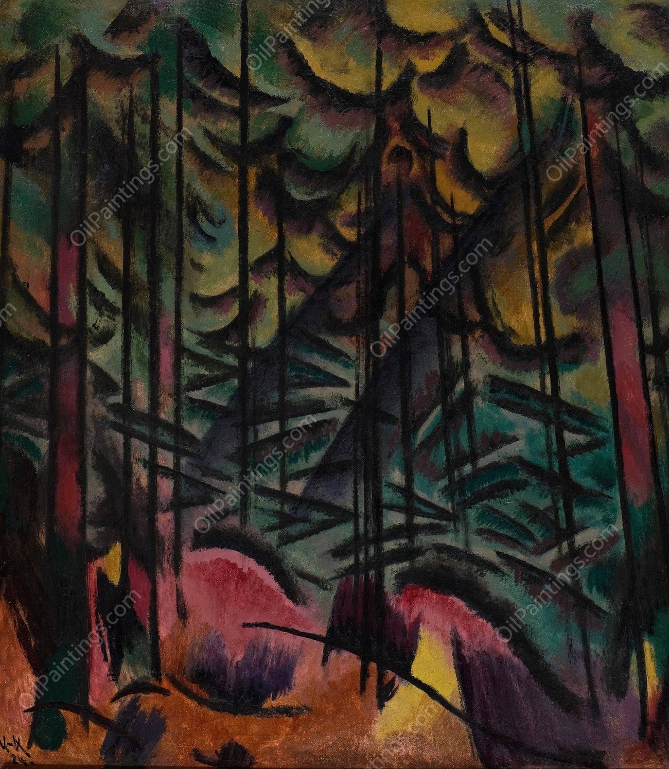 Expressive Firs  by Johann Walter-Kurau - Hand-Painted Oil Painting Reproduction