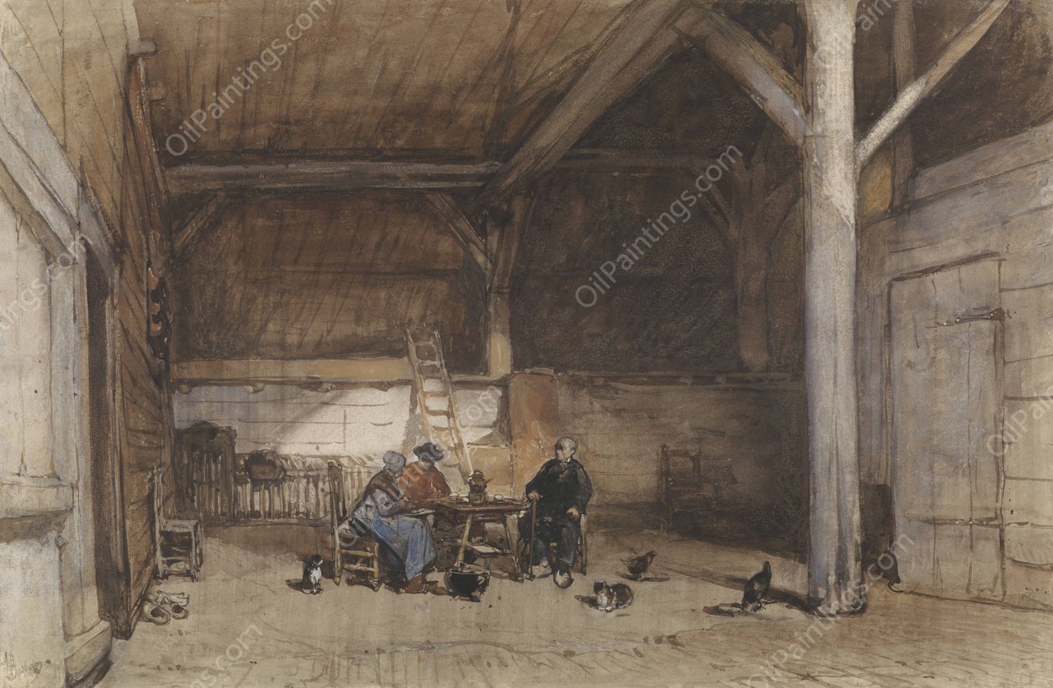 Boereninterieur met twee mannen en een vrouw aan een tafel, verder enkele kippen en katten  by Johannes Bosboom - Hand-Painted Oil Painting Reproduction
