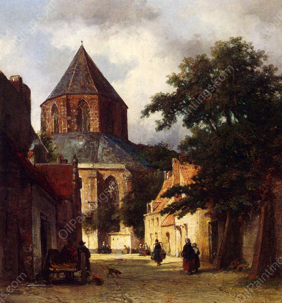 Figures In The Streets Of A Dutch Town, A Church In The Background by Johannes Bosboom - Hand-Painted Oil Painting Reproduction
