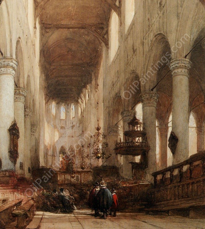 Worshippers in the Central Aisle of the Pieterskerk, Leyden by Johannes Bosboom - Hand-Painted Oil Painting Reproduction