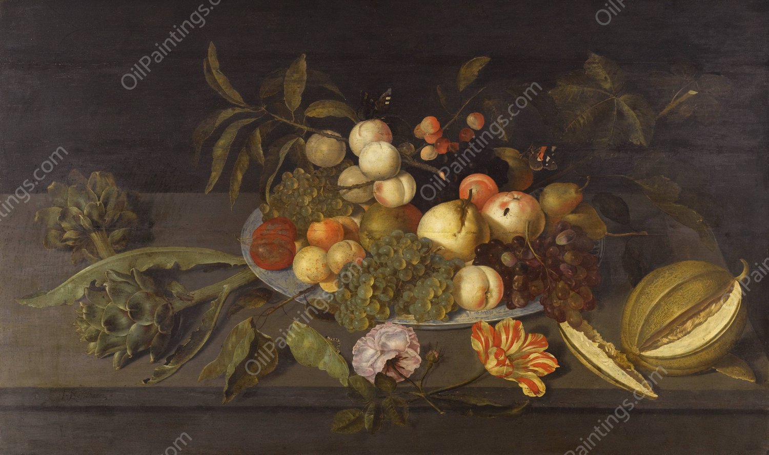 Still Life With Apples, Pears, Grapes And Other Fruits In A Chinese Porcelain Bowl On A Ledge Alongside A Melon by Johannes Bosschaert - Hand-Painted Oil Painting Reproduction