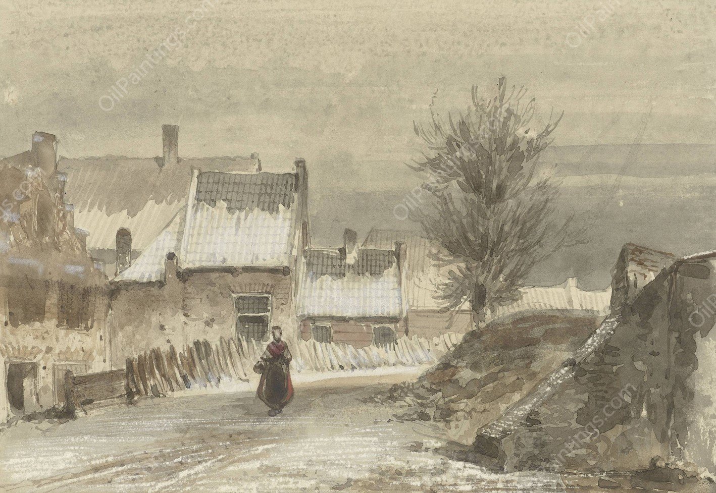 Wintergezicht met vrouw staand op het ijs  by Johannes Franciscus Hoppenbrouwers - Hand-Painted Oil Painting Reproduction