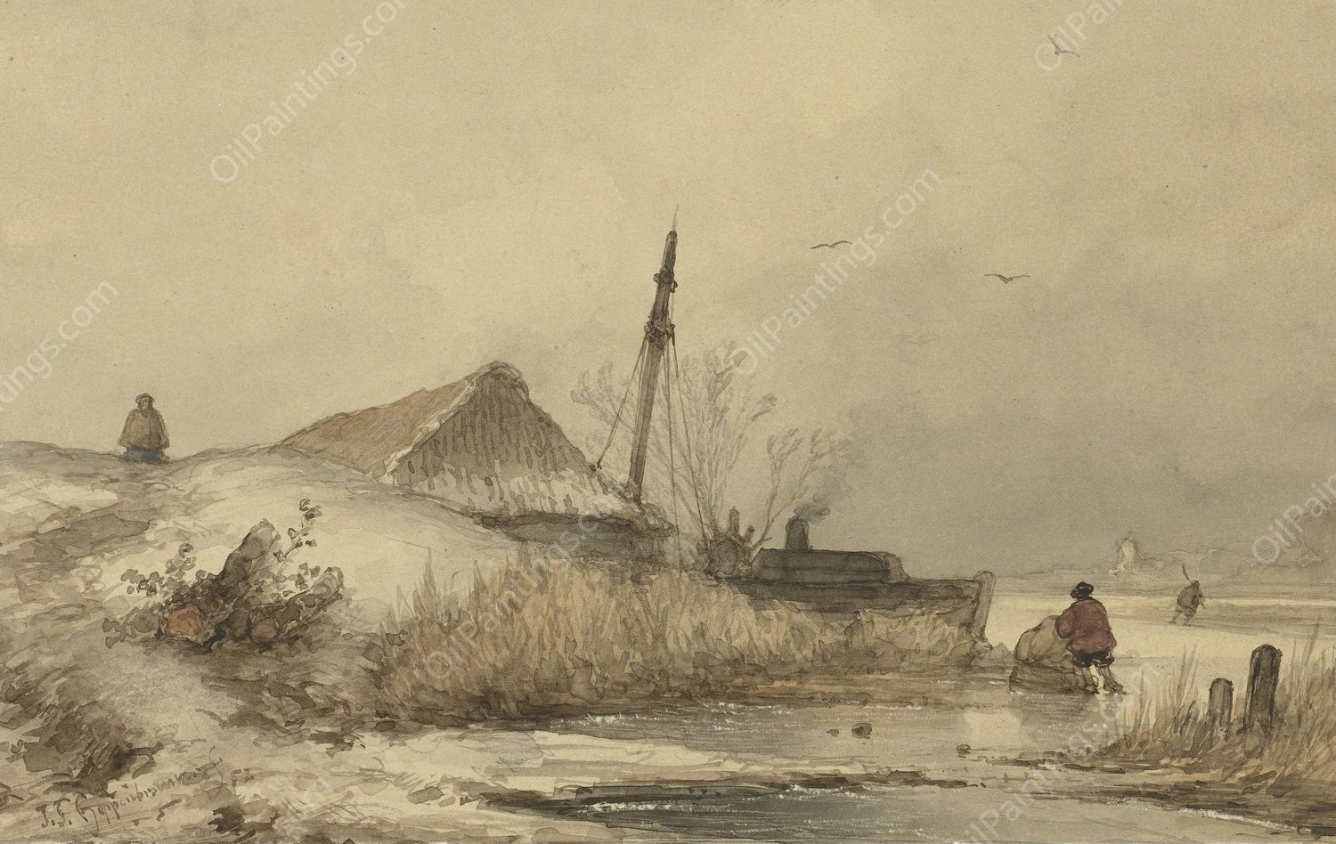 Winterlandschap met boerderij aan sloot  by Johannes Franciscus Hoppenbrouwers - Hand-Painted Oil Painting Reproduction