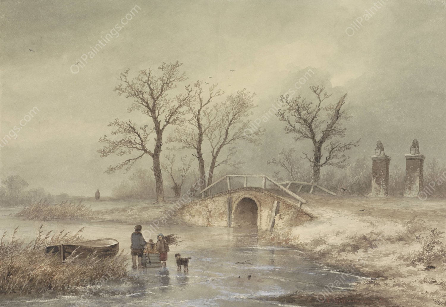 Winterlandschap  by Johannes Franciscus Hoppenbrouwers - Hand-Painted Oil Painting Reproduction