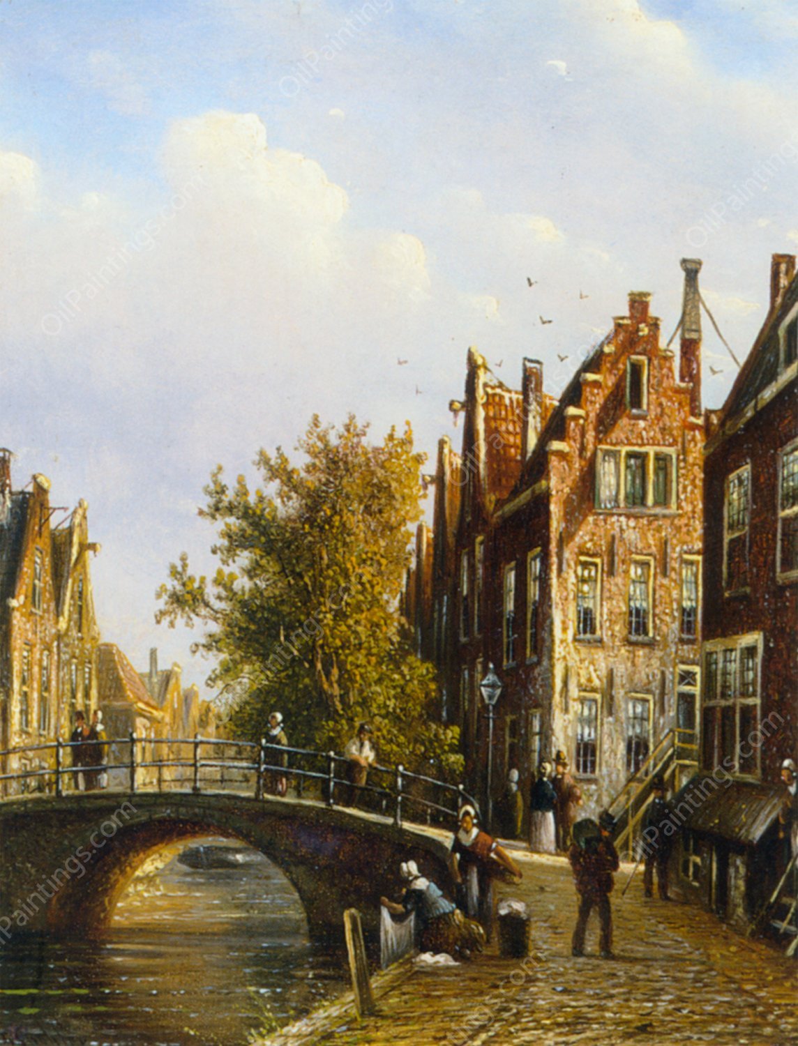 A Dutch Town With Figures on a Canal by Johannes Franciscus Spohler - Hand-Painted Oil Painting Reproduction