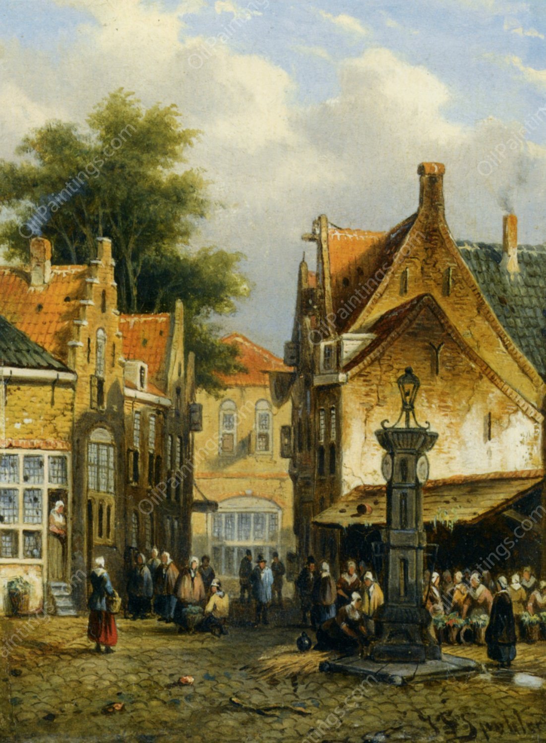 Market in a Town Square by Johannes Franciscus Spohler - Hand-Painted Oil Painting Reproduction