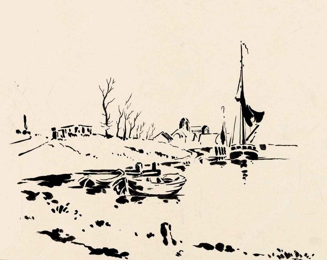 De haven en de Grote Kerk te Veere  by Johannes Frederik Engelbert Ten Klooster - Hand-Painted Oil Painting Reproduction