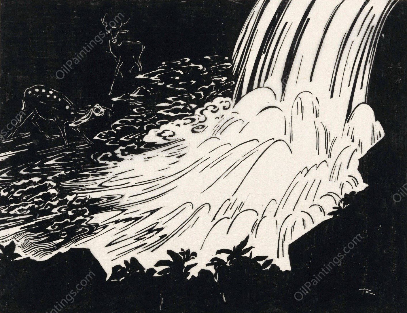 Waterval met herten  by Johannes Frederik Engelbert Ten Klooster - Hand-Painted Oil Painting Reproduction