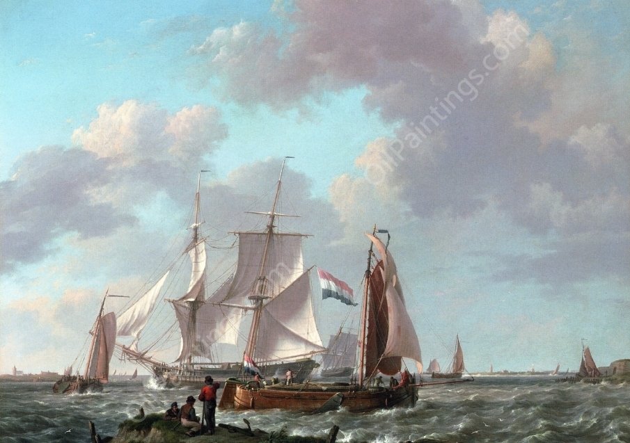 Ships in a Squall with Figures on the Shore by Johannes Hermanus Koekkoek - Hand-Painted Oil Painting Reproduction