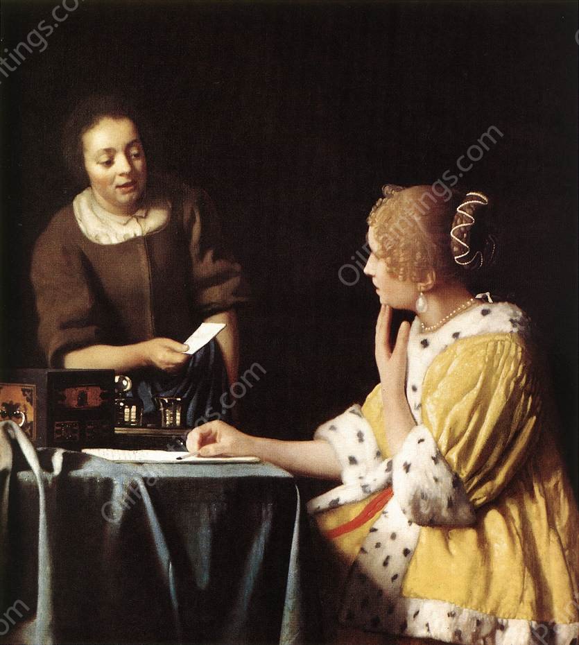 Lady with Her Maidservant Holding a Letter by Johannes Vermeer - Hand-Painted Oil Painting Reproduction