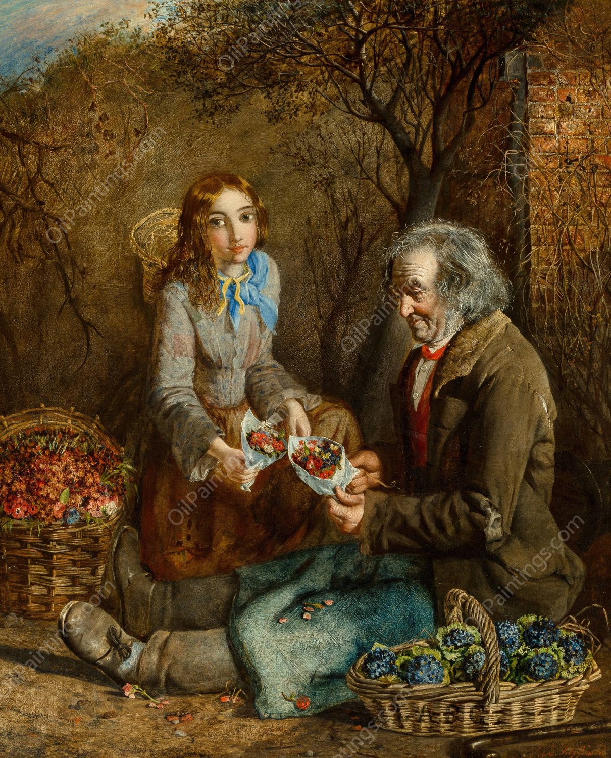 The flower seller and his daughter by John Anster Fitzgerald - Hand-Painted Oil Painting Reproduction