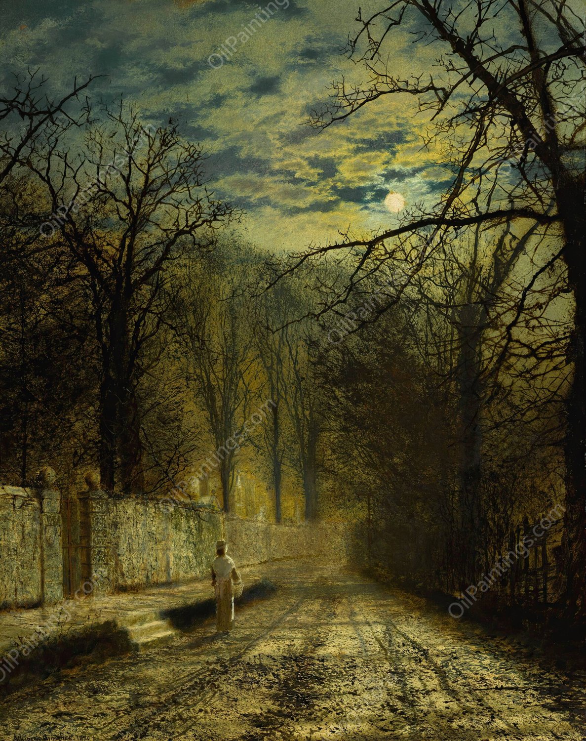 A Moonlit Street  by John Atkinson Grimshaw - Hand-Painted Oil Painting Reproduction