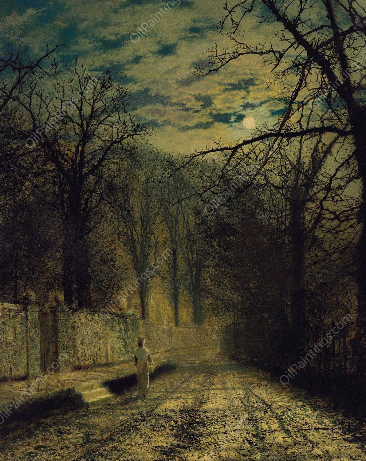 A Moonlit Street  by John Atkinson Grimshaw - Hand-Painted Oil Painting Reproduction