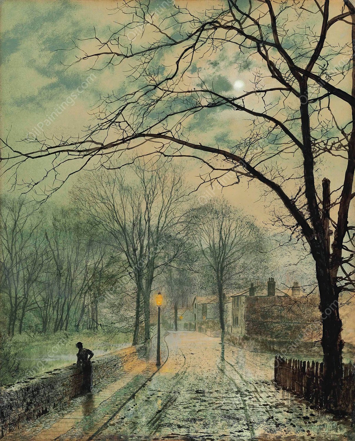 A moonlit stroll, Bonchurch, Isle of Wight  by John Atkinson Grimshaw - Hand-Painted Oil Painting Reproduction