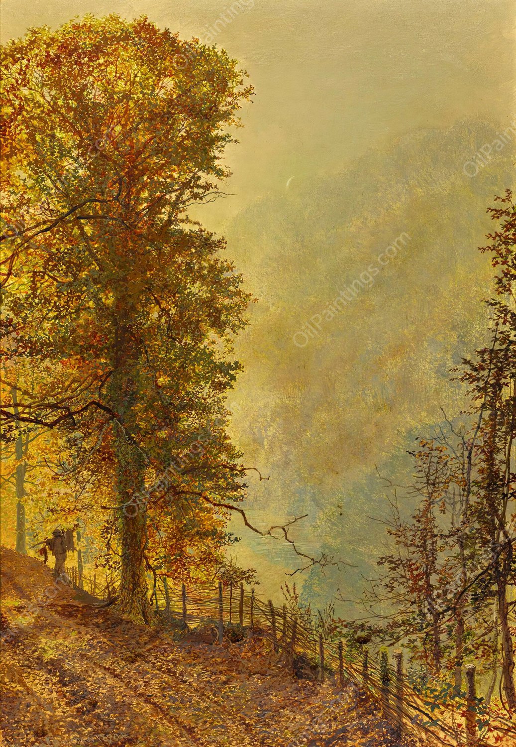 A Rabbit Hunter On A Riverside Road  by John Atkinson Grimshaw - Hand-Painted Oil Painting Reproduction