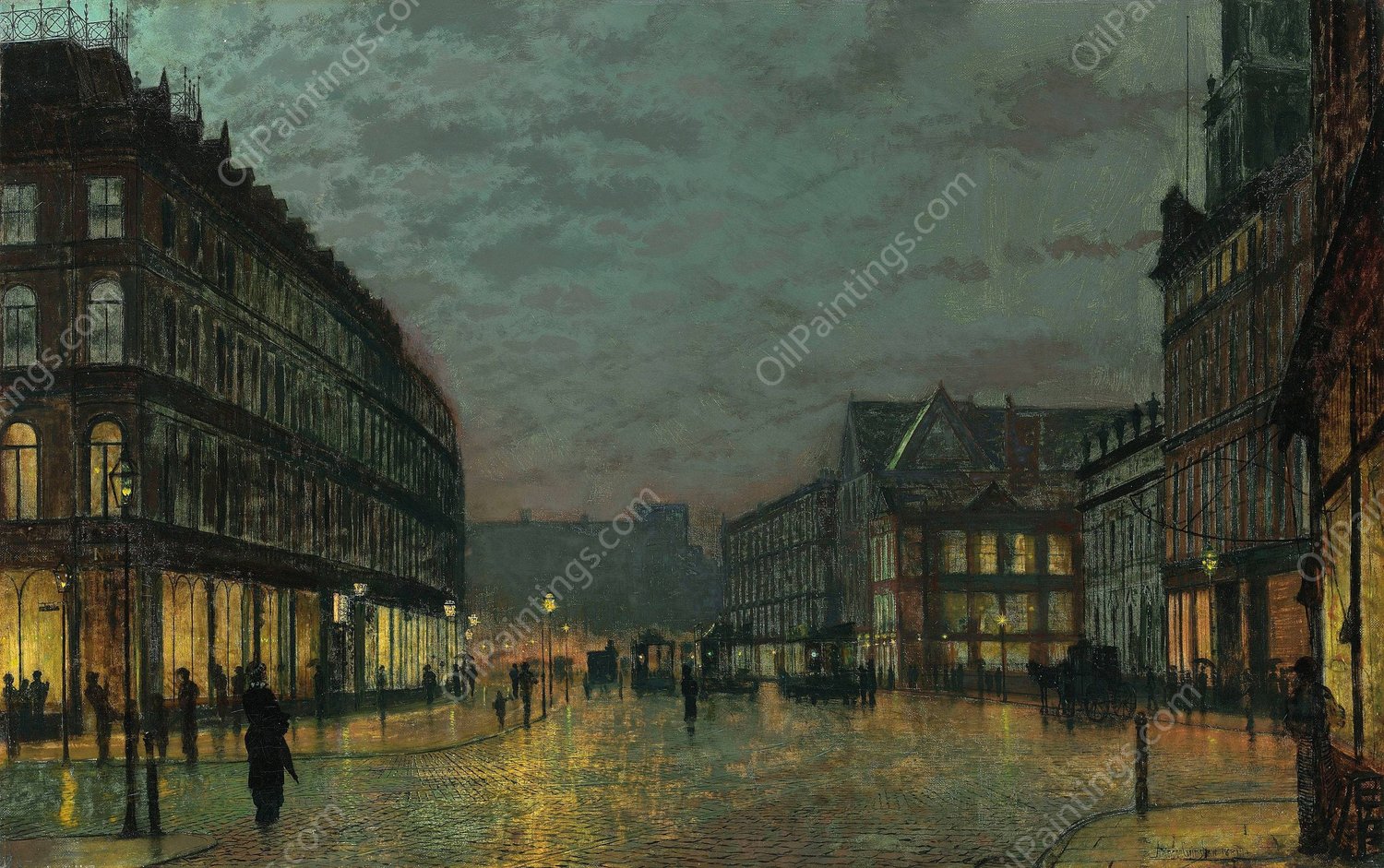 Boar Lane, Leeds by Lamplight  by John Atkinson Grimshaw - Hand-Painted Oil Painting Reproduction