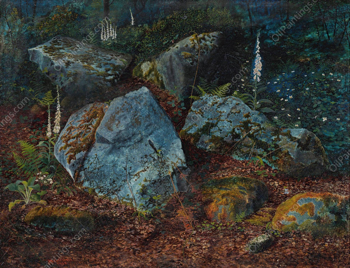 Boulders In Storsforth Wood  by John Atkinson Grimshaw - Hand-Painted Oil Painting Reproduction