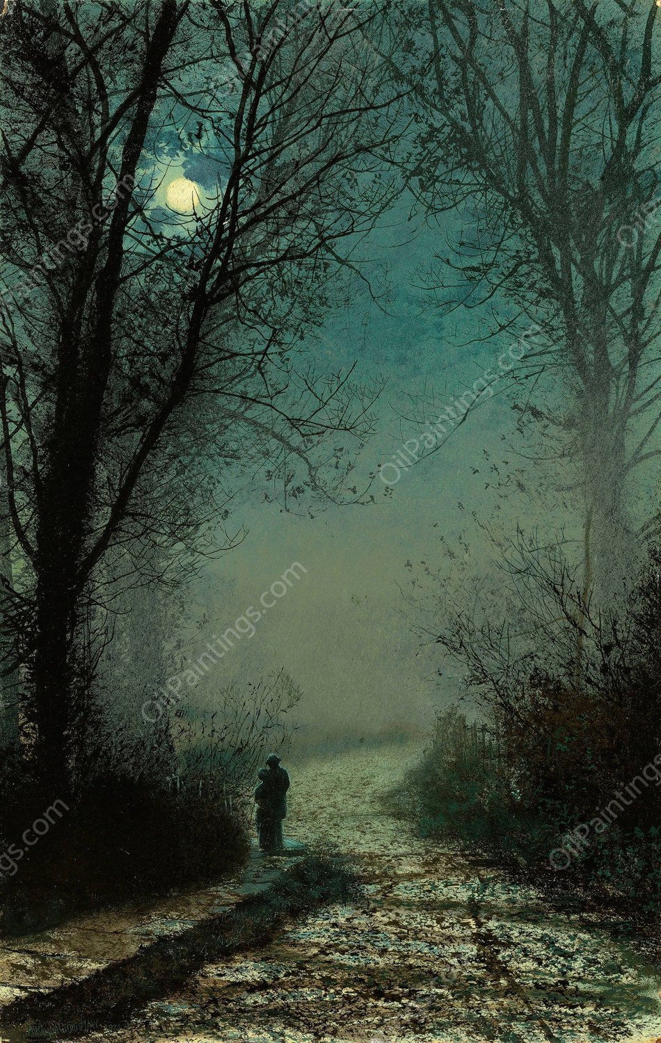 Lovers on a moonlit lane  by John Atkinson Grimshaw - Hand-Painted Oil Painting Reproduction