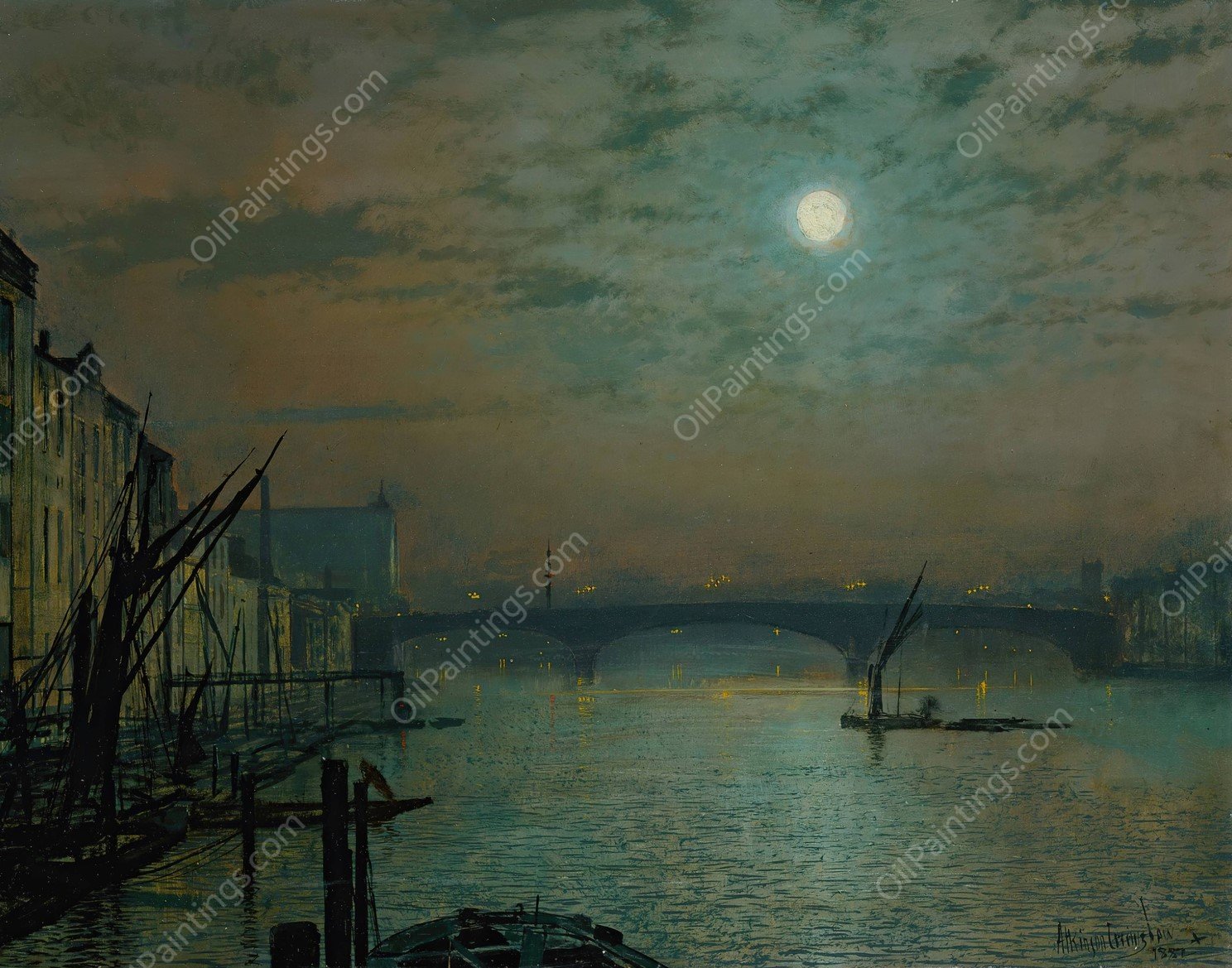 Southwark Bridge by Moonlight  by John Atkinson Grimshaw - Hand-Painted Oil Painting Reproduction