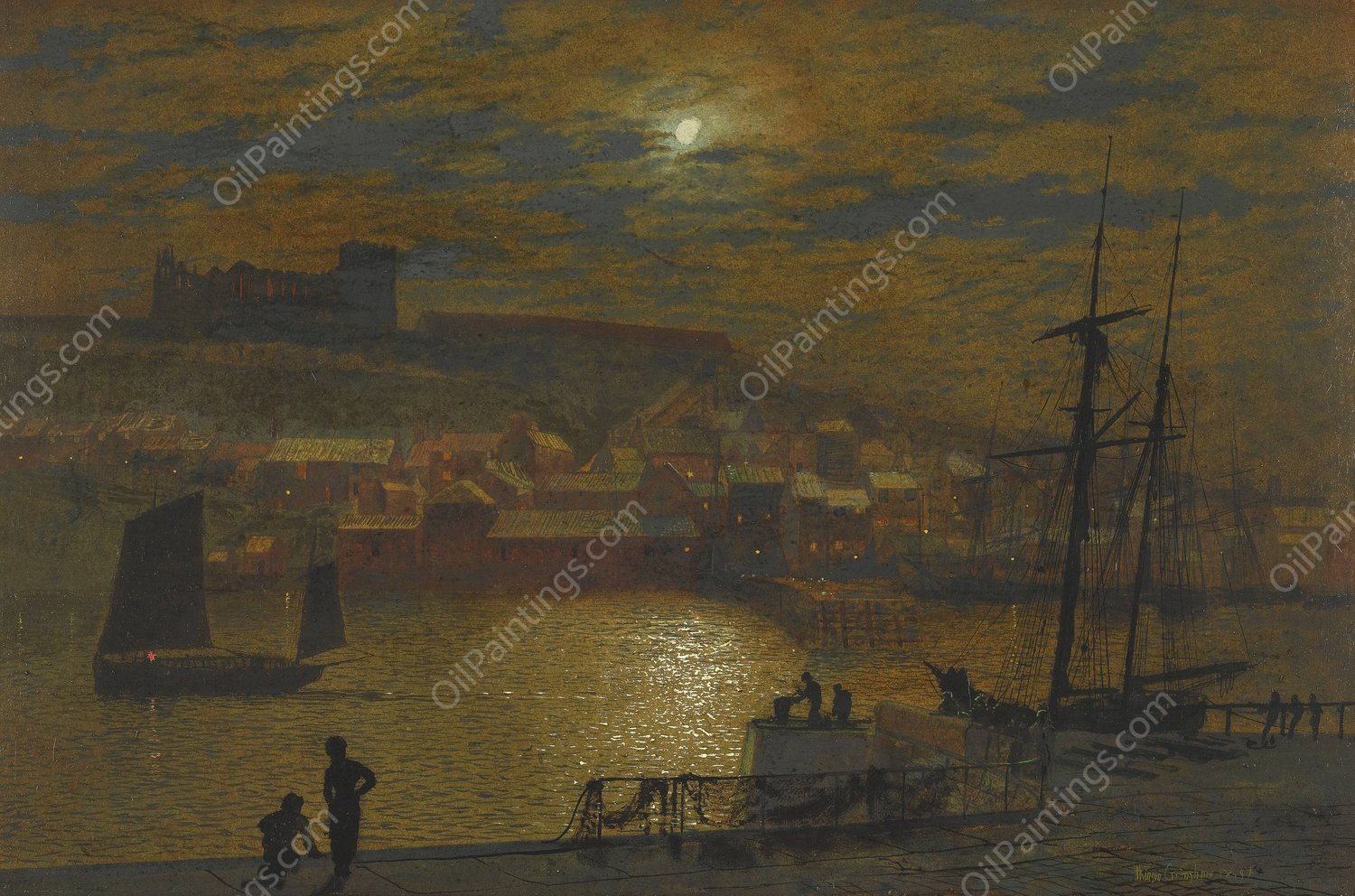Whitby From Scotch Head, Moonlight On The Esk  by John Atkinson Grimshaw - Hand-Painted Oil Painting Reproduction