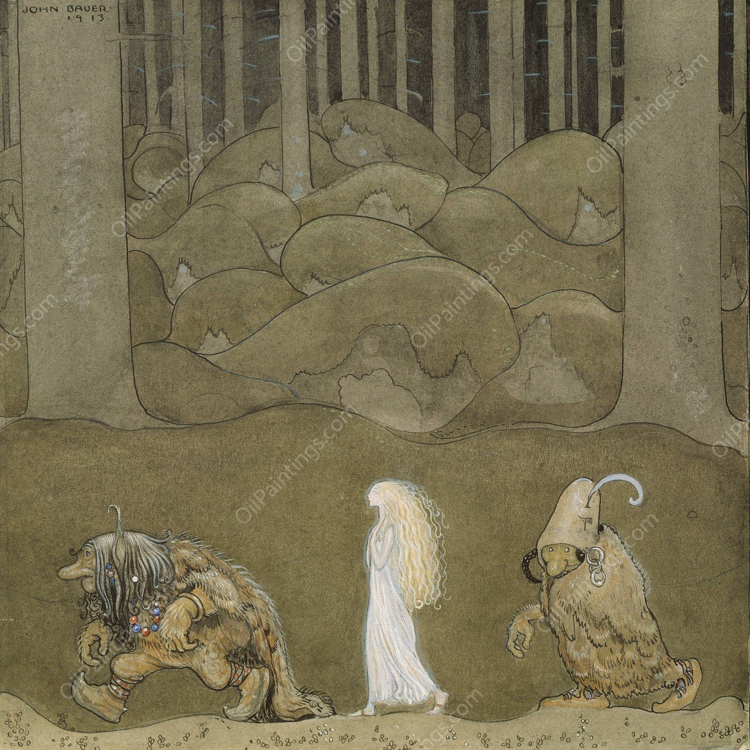 The Princess and the Trolls  by John Bauer - Hand-Painted Oil Painting Reproduction