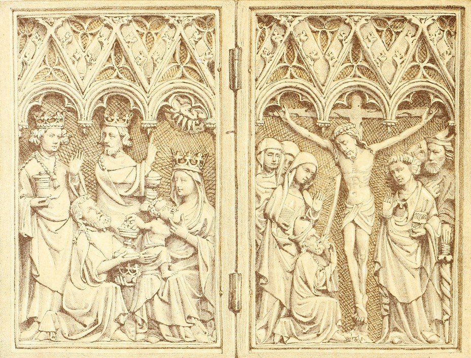Diptych in Carved Ivory representing the Adoration of the Magi and the Crucifixion  by John Charles Robinson - Hand-Painted Oil Painting Reproduction