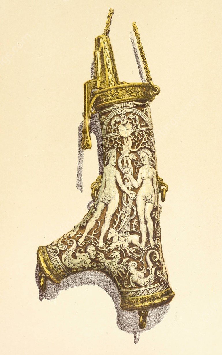 Powder-Flask in Stag's Horn, mounted in Silver Gilt  by John Charles Robinson - Hand-Painted Oil Painting Reproduction