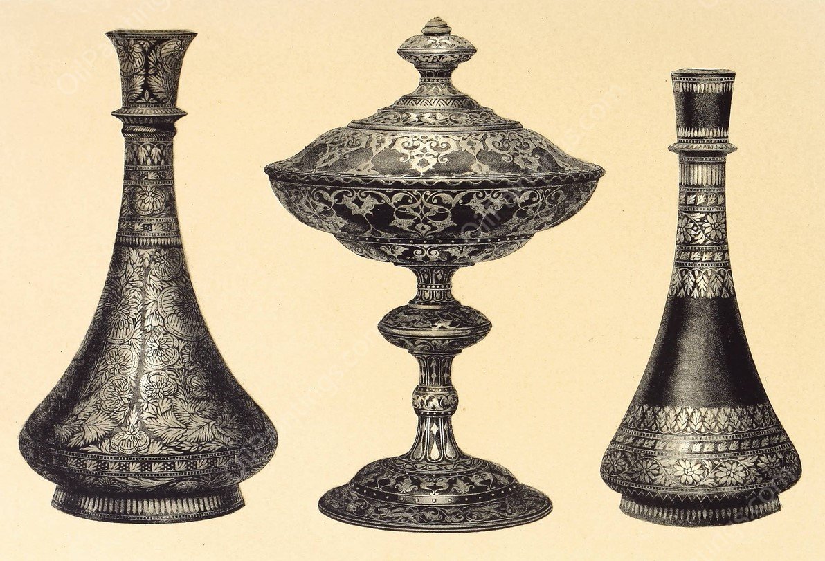 Recent Indian Vases in Oxydised Pewter, Encrusted or Damascened with Silver. Tazza in Wrought Iron, Inlaid with Silver  by John Charles Robinson - Hand-Painted Oil Painting Reproduction