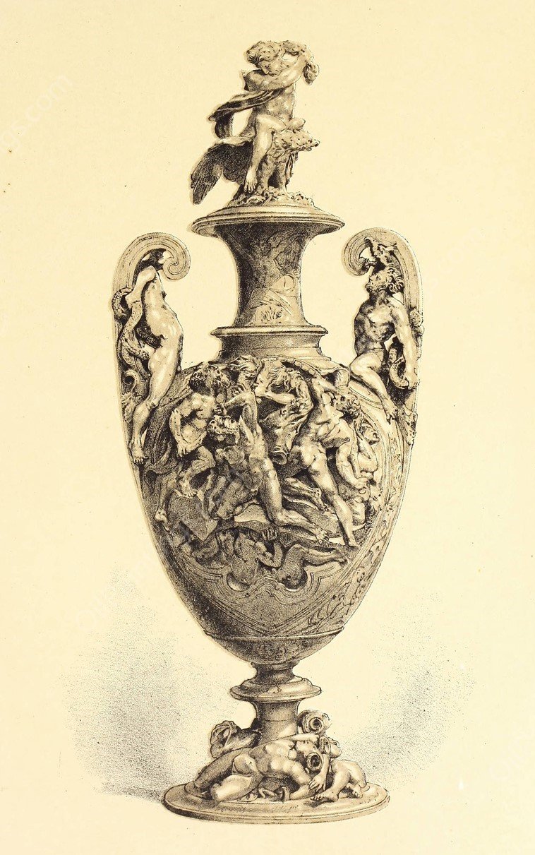 Vase in Silver Repousse Work, the subject representing Jupiter Warring with the Titans  by John Charles Robinson - Hand-Painted Oil Painting Reproduction