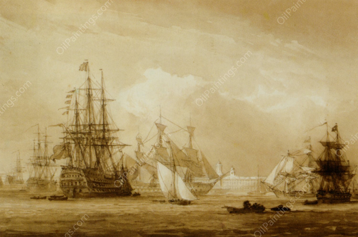 MHS Victory and Other Ships in Portsmouth Dockyard by John Christian Schetky - Hand-Painted Oil Painting Reproduction