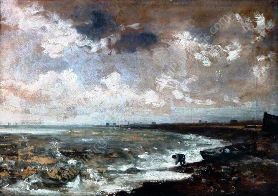 Seashore with Fishermen Near a Boat by John Constable - Hand-Painted Oil Painting Reproduction