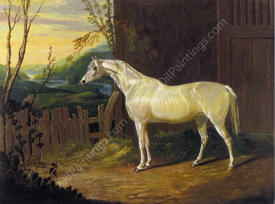 A Gray Arab Mare Outside a Stable in an Extensive River Landscape by John Frederick Herring Sr - Hand-Painted Oil Painting Reproduction